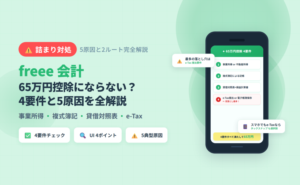 freee 会計で青色 65 万円控除にならない原因と対処法(4 要件チェックリスト・UI 4 確認ポイント・5 典型原因・e-Tax/電子帳簿保存 2 ルート)を解説した記事のアイキャッチ。最多の落とし穴は e-Tax 提出要件