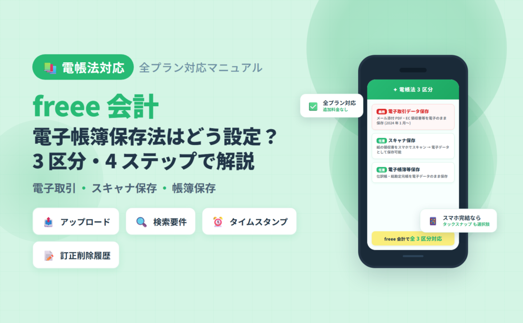 freee 会計の電子帳簿保存法対応マニュアル(3 区分概要・全プラン対応マトリクス・4 ステップ設定フロー・4 典型詰まり対処)を解説した記事のアイキャッチ。スマホ完結なら代替選択肢も明示