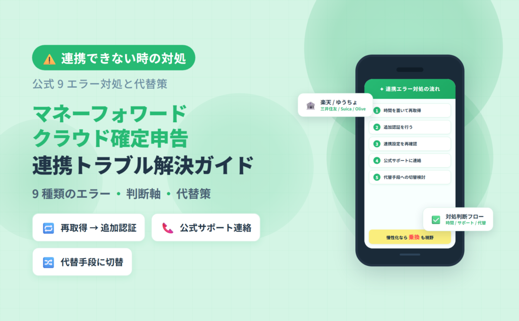 マネーフォワード クラウド確定申告で連携できない時の対処と、楽天/ゆうちょ/三井住友/Suica/Olive 別の想定対応・代替策をまとめた完全ガイドのアイキャッチ
