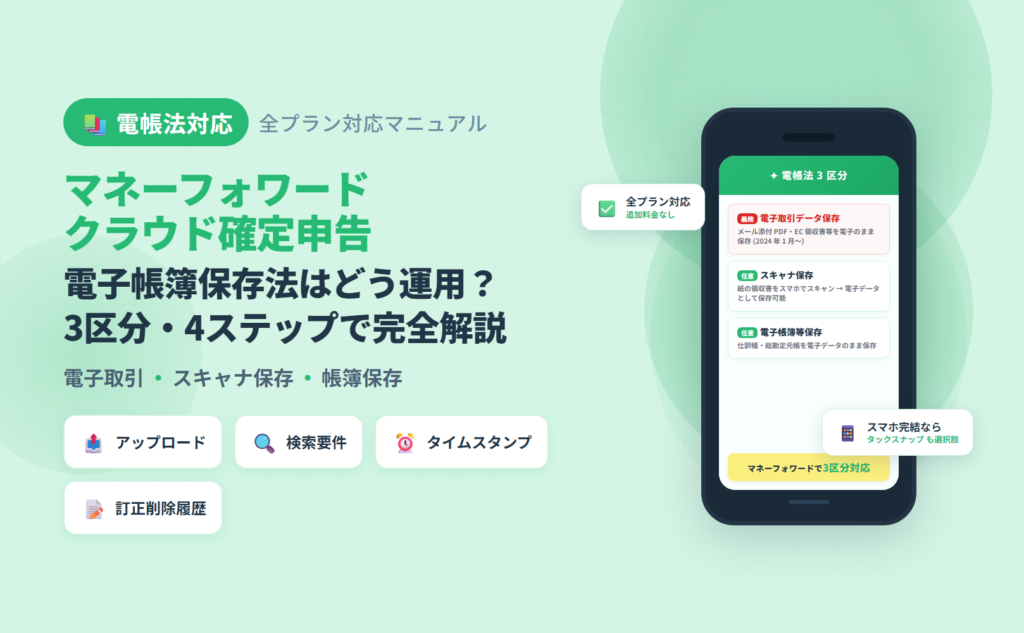 マネーフォワード クラウド確定申告の電子帳簿保存法対応マニュアル(3 区分概要・3 プラン別マトリクス・4 ステップ設定フロー・4 典型詰まり対処)を解説した記事のアイキャッチ。スマホ完結なら代替選択肢も明示