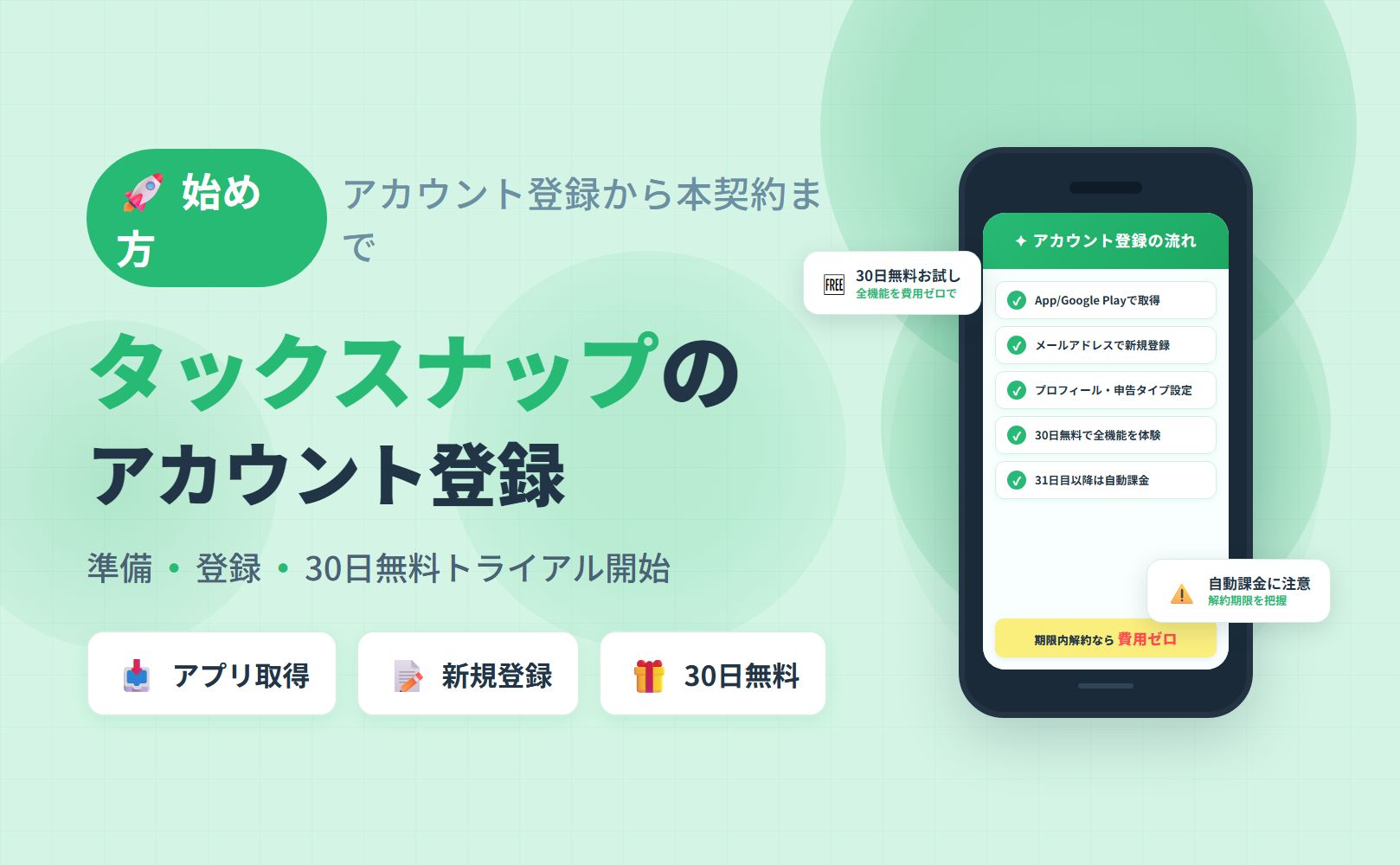 タックスナップのアカウント登録から30日無料トライアル開始までの流れを解説した記事のアイキャッチ。アプリ取得・新規登録・初期設定・自動課金タイミングまでを整理