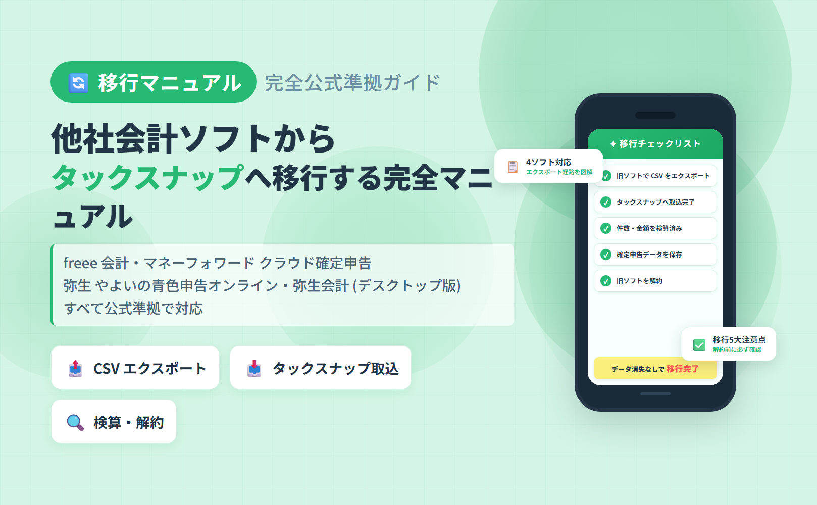他社会計ソフトからタックスナップへ移行する完全マニュアルのアイキャッチ。freee 会計・マネーフォワード クラウド確定申告・弥生 やよいの青色申告オンライン・弥生会計 (デスクトップ版) の 4 ソフト対応を整理