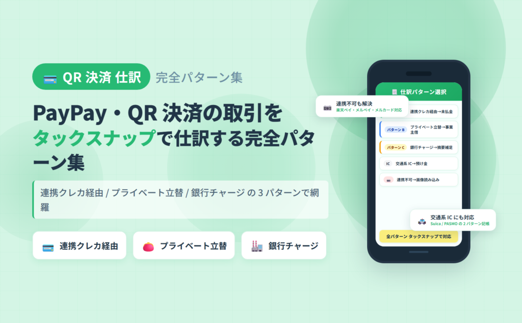 タックスナップで PayPay・QR 決済の取引を仕訳する完全パターン集のアイキャッチ。連携クレカ経由・プライベート立替・銀行チャージの 3 パターンで電子マネー仕訳を整理