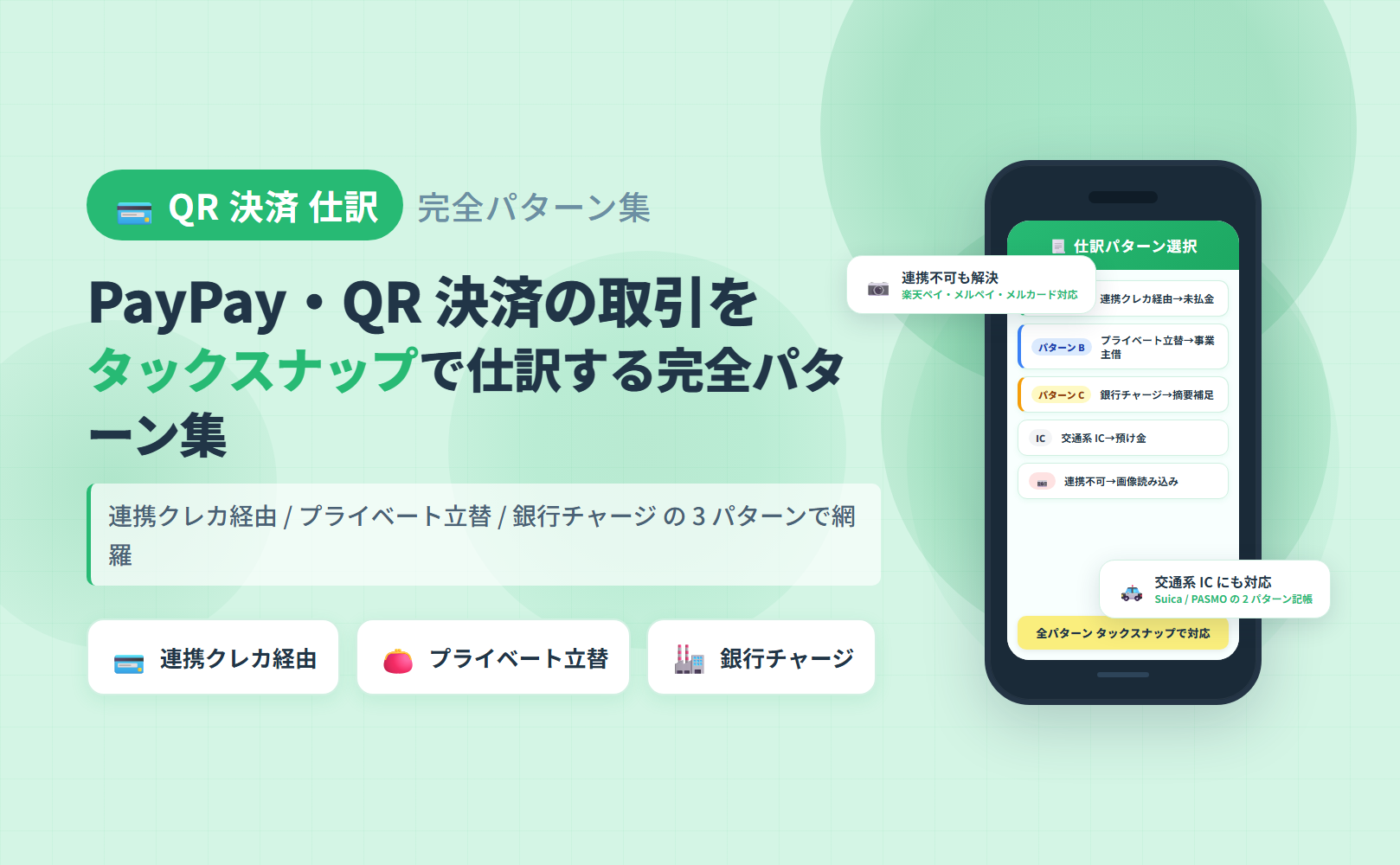 タックスナップで PayPay・QR 決済の取引を仕訳する完全パターン集のアイキャッチ。連携クレカ経由・プライベート立替・銀行チャージの 3 パターンで電子マネー仕訳を整理
