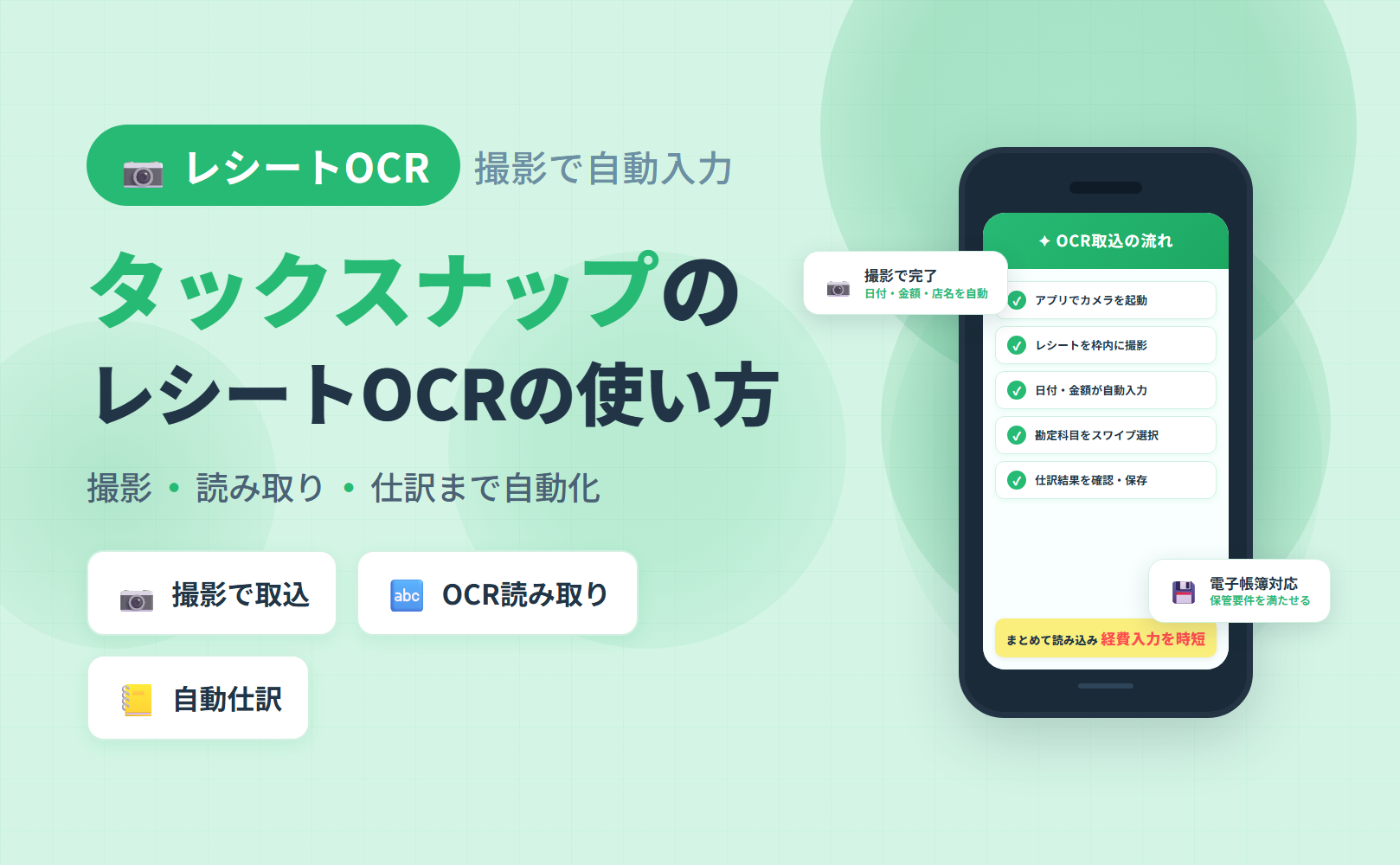 タックスナップのレシートOCR・撮影機能の使い方｜撮影で日付・金額・店名を自動入力し、仕訳まで自動化する手順を解説した記事のアイキャッチ