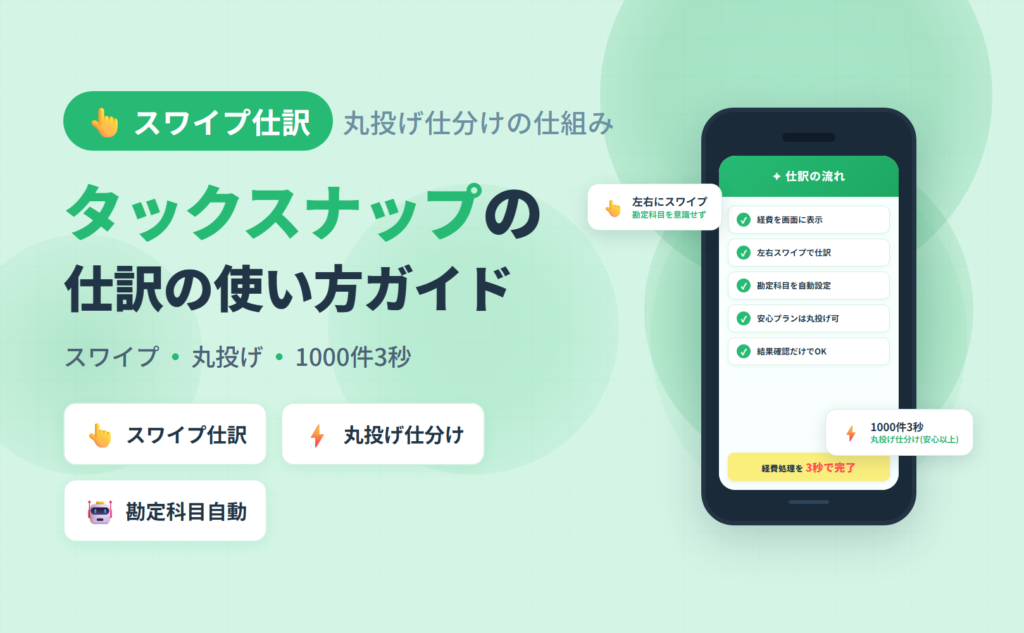 タックスナップのスワイプ仕訳・丸投げ仕訳の使い方｜1000件3秒の経費処理がどう成立するかと操作のコツを整理した記事のアイキャッチ