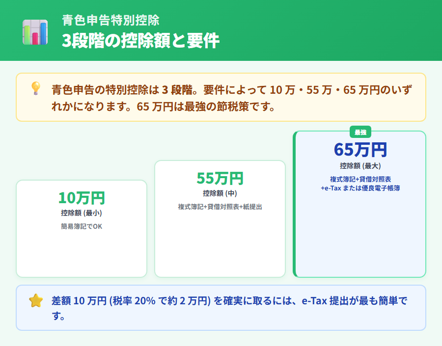 青色申告特別控除額の 3 段階を階段図で図解。10 万円控除(簡易簿記)・55 万円控除(複式簿記+貸借対照表+紙提出)・65 万円控除(複式簿記+貸借対照表+e-Tax提出または優良電子帳簿)。65万円段に推奨バッジ付き