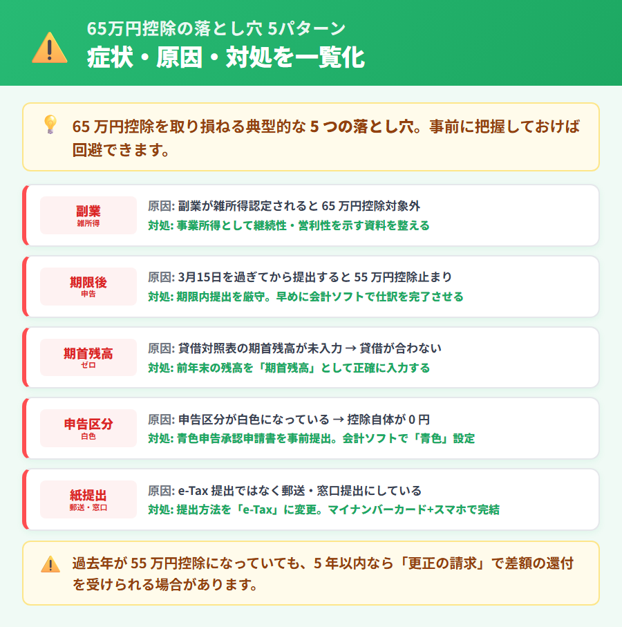 青色申告 65 万円控除を取り損ねる 5 つの落とし穴マトリクス。副業雑所得・期限後申告・期首残高ゼロ・申告区分が白色・紙提出の 5 行で症状・原因・対処を一覧化
