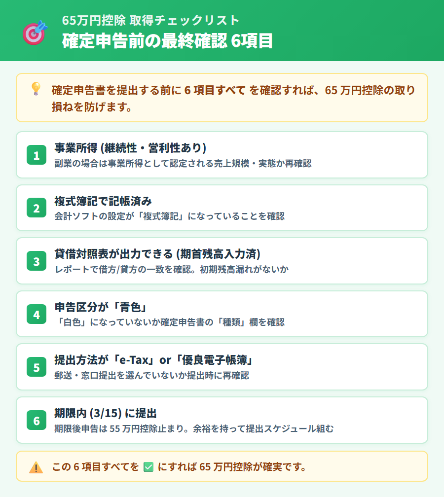 青色申告 65 万円控除の取得チェックリスト 6 項目。事業所得・複式簿記・貸借対照表(期首残高入力済み)・申告区分が青色・提出方法が e-Tax または優良電子帳簿・期限内申告の 6 つのチェックボックスを図解