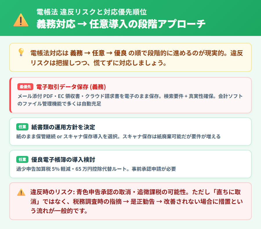 電帳法違反リスクと優先順位フロー図。3 ステップ縦並び (電子取引データ保存→紙運用方針→任意導入) と、違反リスク (青色申告取消・追徴課税) の注意ボックスをサイドに配置した