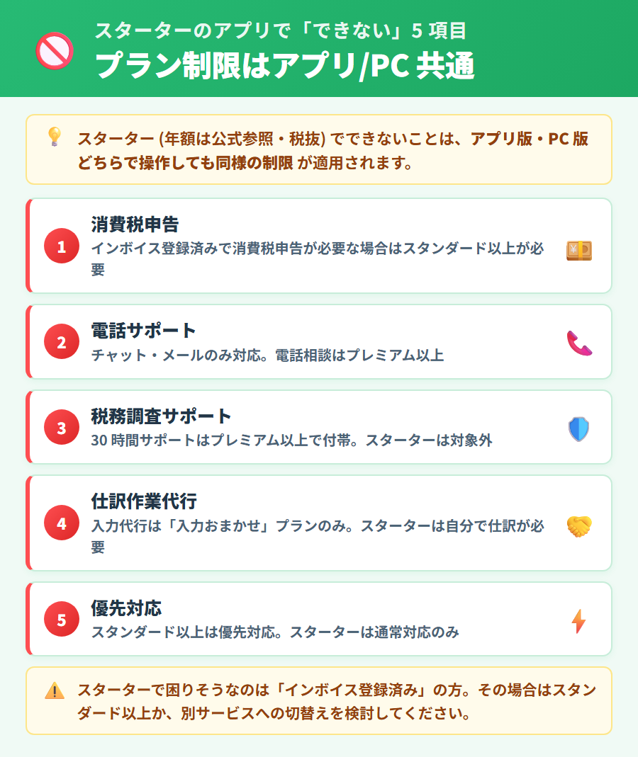 freee 会計スタータープランでアプリでも利用できない機能5項目(消費税申告・電話サポート・税務調査サポート・仕訳代行・優先対応)を縦リスト形式で整理した説明