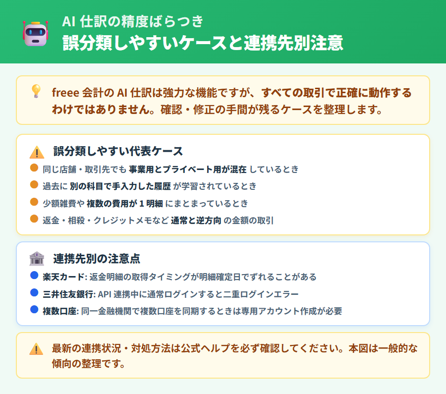 freee 会計の AI 仕訳が誤分類しやすいケースを整理。楽天カード返金明細・三井住友二重ログイン・少額雑費の科目迷いなど連携先別の注意事項を縦並びカードで表示