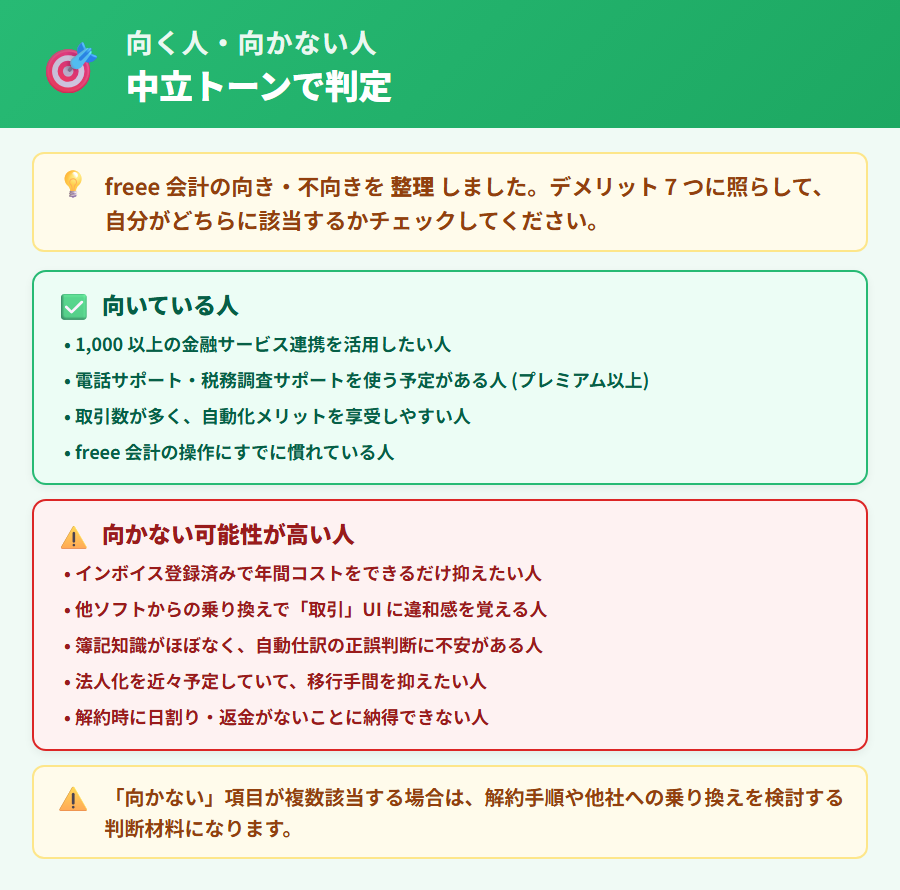 freee 会計が向く人と向かない人の2カード整理。向く人は連携重視・初心者ガイドを活用したい・法人化予定なし、向かない人はコスト重視・消費税申告必要でスターター希望・他ソフト経験者