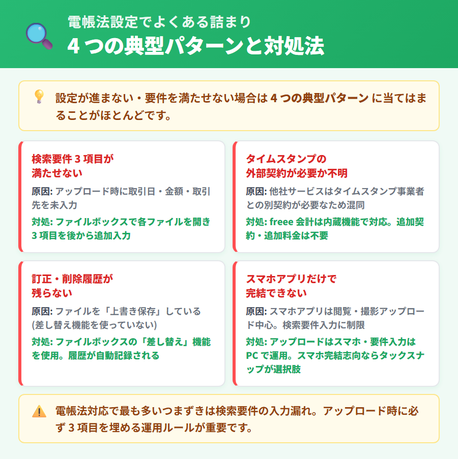 freee 会計の電子帳簿保存法設定でよくある 4 つの詰まりパターン。検索要件・タイムスタンプ・訂正削除履歴・スマホ完結不可を 2×2 グリッドで症状と対処をまとめた図