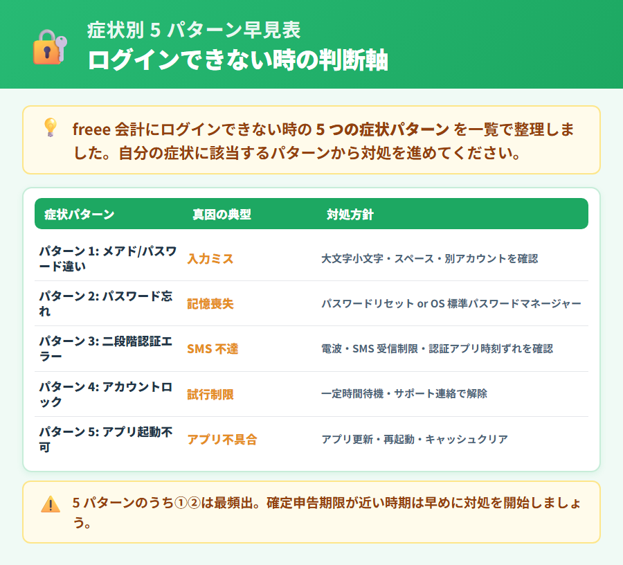 freee 会計にログインできない時の症状別5パターン早見表。メールアドレスエラー・パスワード忘れ・二段階認証エラー・アカウントロック・アプリ起動トラブルの原因と対処を一覧で整理した解説図