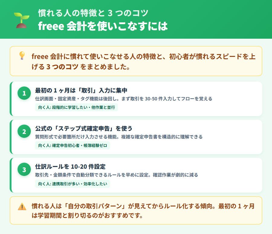 freee 会計のUIに慣れやすい人の特徴と慣れるスピードを上げる3つのコツ。PCでの操作が中心・連携機能を活用・週次処理の習慣化が慣れを促進することを整理した解説図