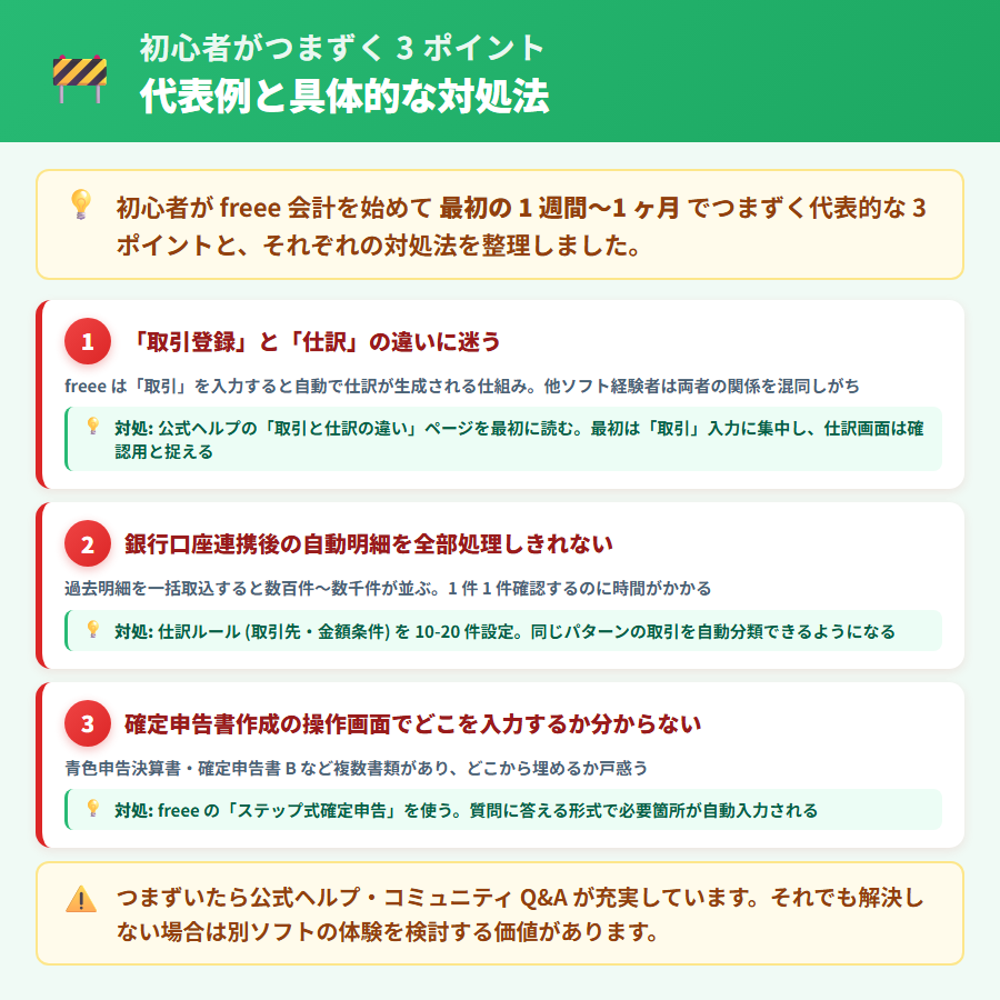 freee 会計で初心者がつまずく代表ポイント3つ。取引登録と仕訳の違い・自動明細の処理が追いつかない・確定申告書作成画面で迷う、それぞれの対処法を整理した解説図
