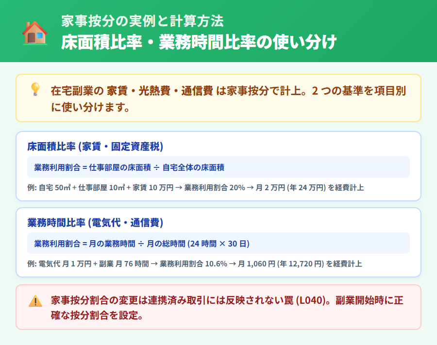 家事按分の実例と計算方法。床面積比率・業務時間比率の 2 つの按分基準と、電気代・通信費・家賃の具体的計算例を縦並びカードで整理