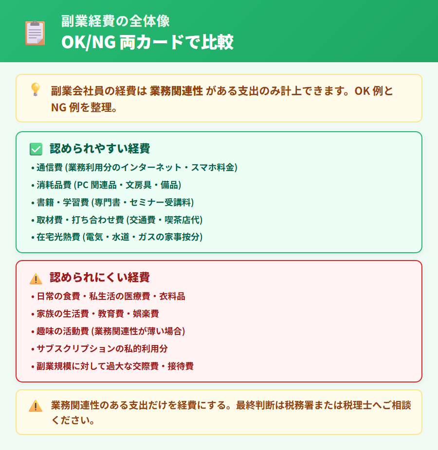 副業会社員が経費にできるもの・できないものの全体像。認められやすい経費 (通信費・消耗品・書籍・取材費・在宅光熱費按分) と認められにくい経費 (個人的支出・家族向け支出) を 2 カードで整理