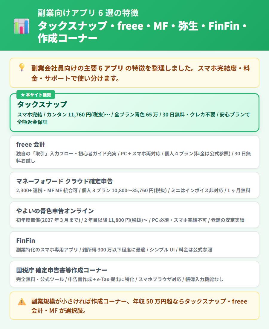 副業の確定申告アプリ 6 選の特徴比較。タックスナップ・freee・MF・弥生・FinFin・国税庁 作成コーナーの強み弱みを縦並びカードで整理