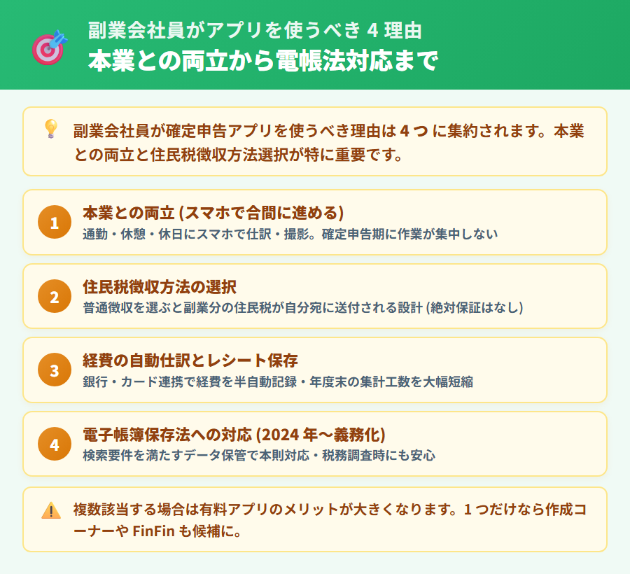 副業会社員が確定申告アプリを使うべき 4 つの理由を縦並びカードで整理。本業との両立・住民税徴収方法選択・経費の自動仕訳・記録保管 (電帳法対応) のメリット