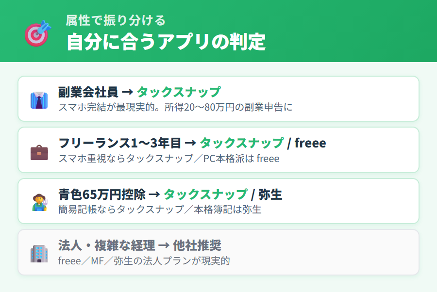 確定申告アプリ4社（タックスナップ・freee・マネーフォワード・弥生）比較