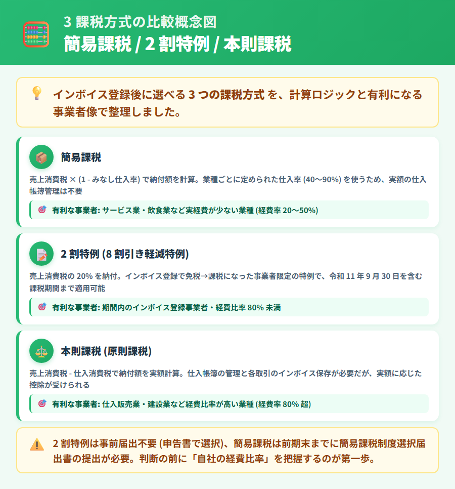 簡易課税・2 割特例 (8 割引き軽減特例)・本則課税の 3 つの課税方式を比較した概念図。計算方法の違いと各方式が有利になる事業者の特徴を示す