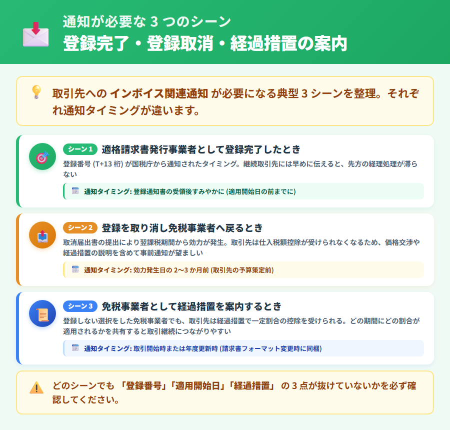 インボイス登録・取消・経過措置の 3 シーンで取引先通知が必要な理由をカード形式で示したイラスト。仕入税額控除・経過措置案内・経理処理への影響の 3 軸