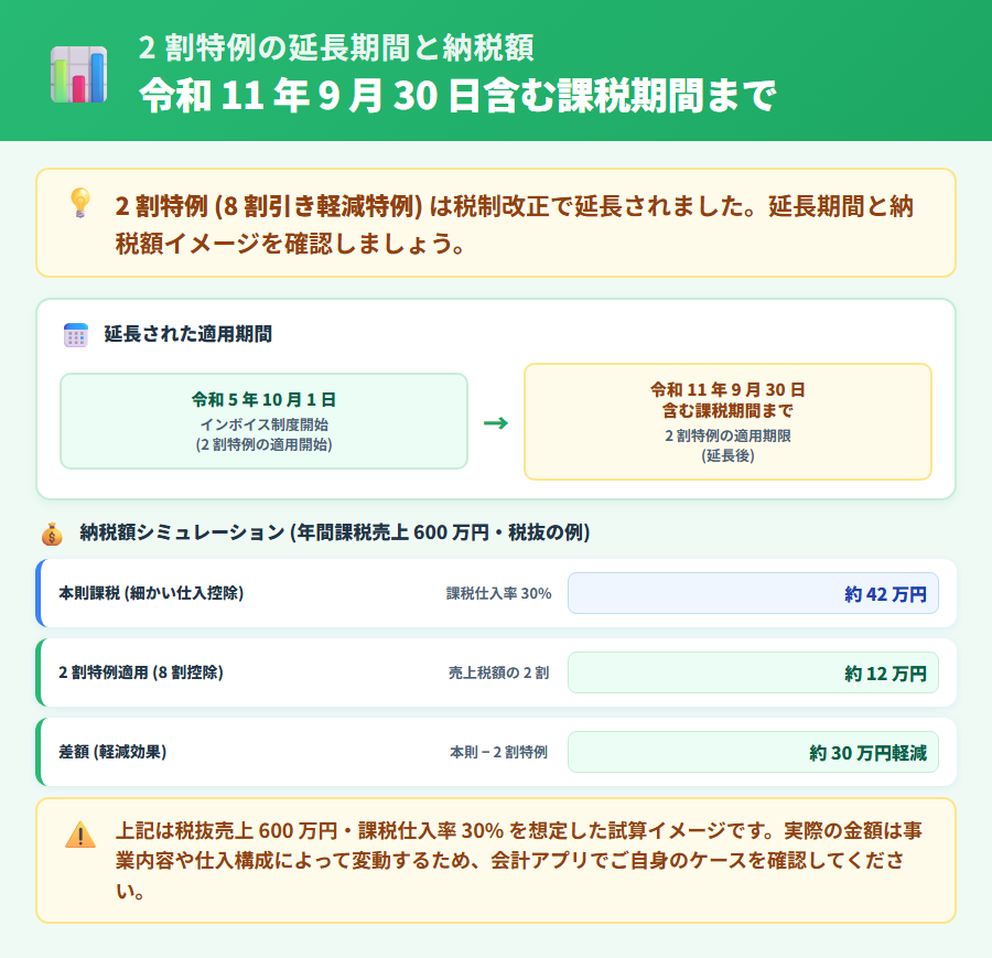 2 割特例 (8 割引き軽減特例) の延長期間と納税額シミュレーションを示した図。令和 11 年 9 月 30 日を含む課税期間まで延長される点を強調