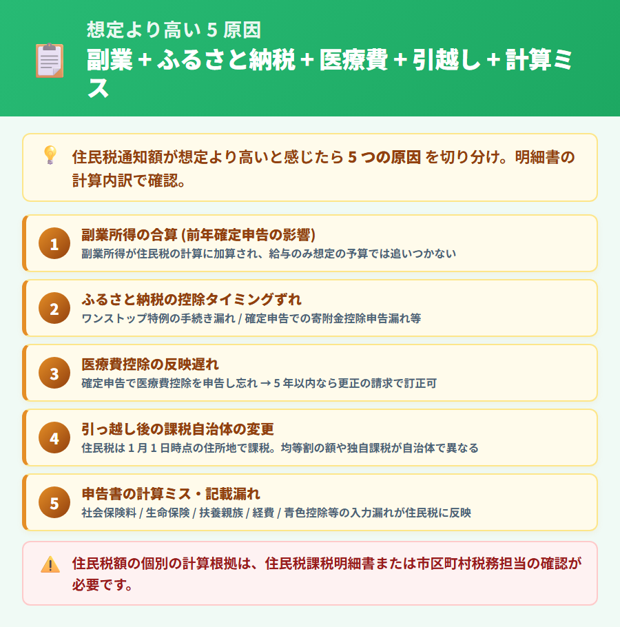 住民税通知額が想定より高い時の 5 つの原因。副業所得の合算・ふるさと納税の控除ずれ・医療費控除の反映遅れ・引っ越し後の自治体変更・申告書の計算ミスを整理