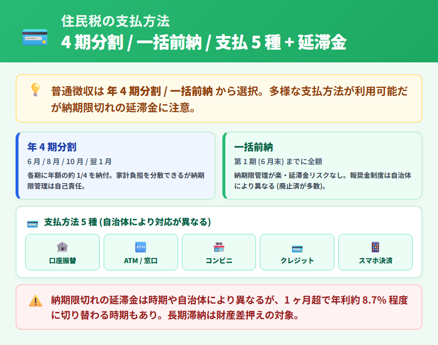 住民税の支払方法。普通徴収 4 期分割 (6 月・8 月・10 月・翌 1 月) と一括前納の比較、支払方法 5 種 (口座振替・ATM・コンビニ・クレジットカード・スマホ決済)、納期限切れの延滞金リスクを整理
