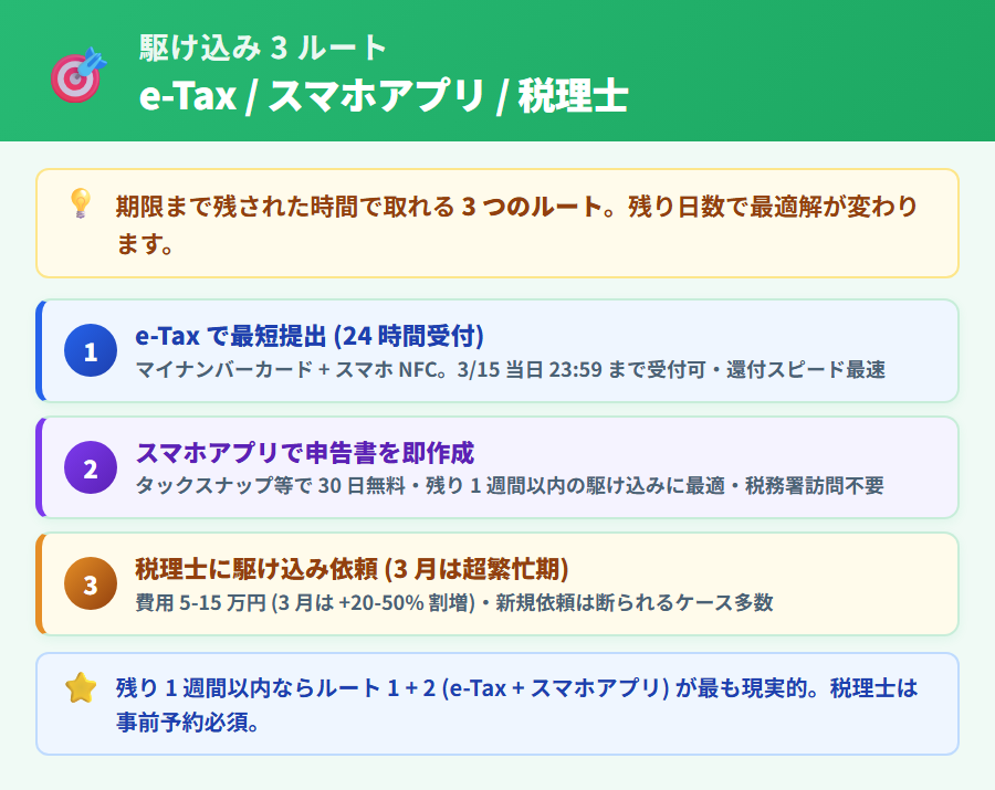 確定申告に間に合わせる駆け込みルート 3 つ。e-Tax (24 時間提出可・最終日でも可) / スマホアプリ (即時申告書作成) / 税理士 (3 月超繁忙期は注意) を比較