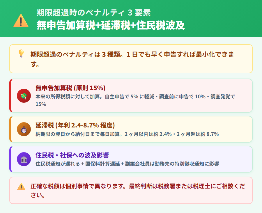 確定申告期限超過時の 3 つのペナルティ詳細。無申告加算税 (原則 15%・条件付き軽減)・延滞税 (年利時期変動)・住民税への波及影響を整理
