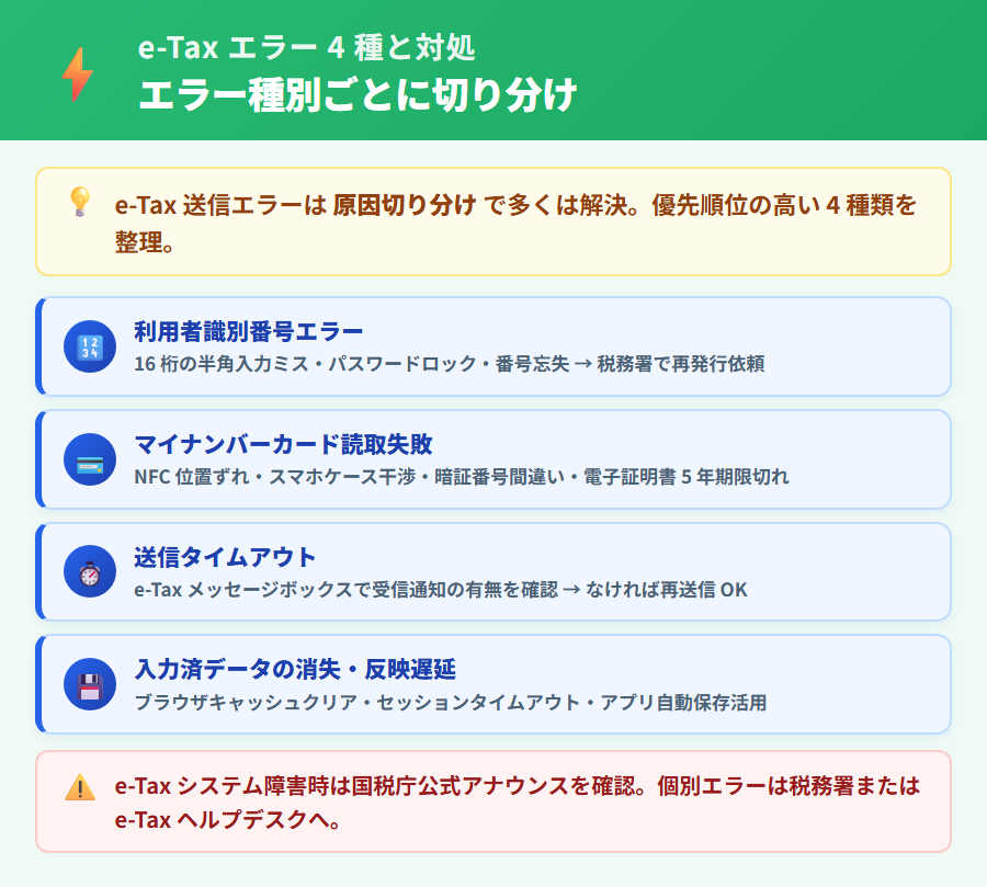 e-Tax 送信エラー 4 種と対処法の早見表。利用者識別番号エラー・マイナンバーカード読取失敗・送信タイムアウト・入力データ消失の各原因と確認手順を整理