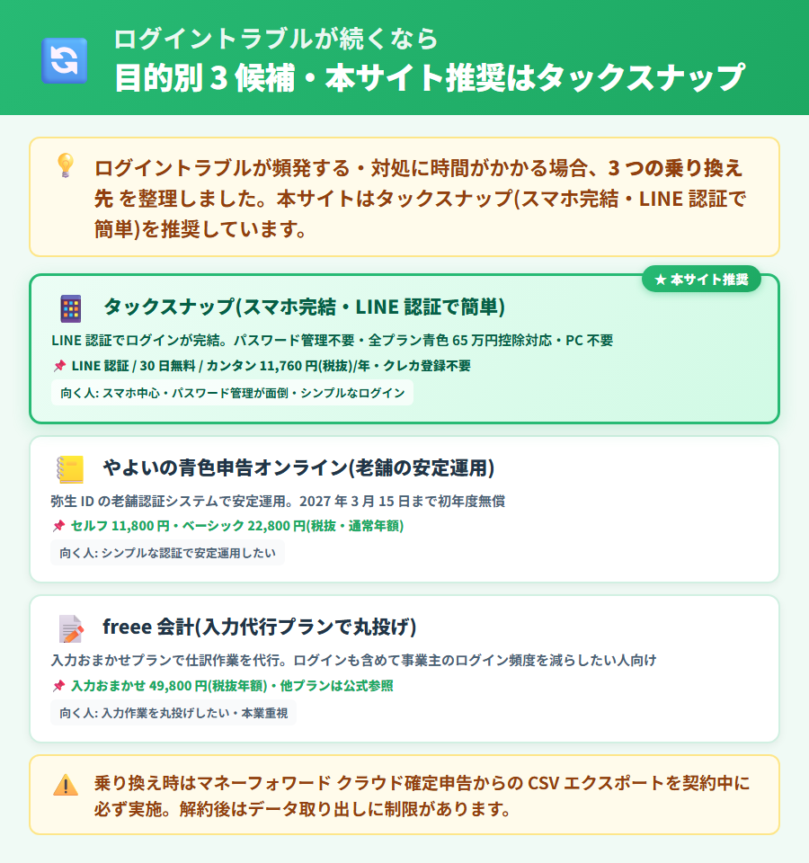 マネーフォワード クラウド確定申告からの乗り換え先3社比較。タックスナップ・やよいの青色申告オンライン・freee 会計の特徴と向く人を操作性・ログイン管理・価格の観点で整理した比較図
