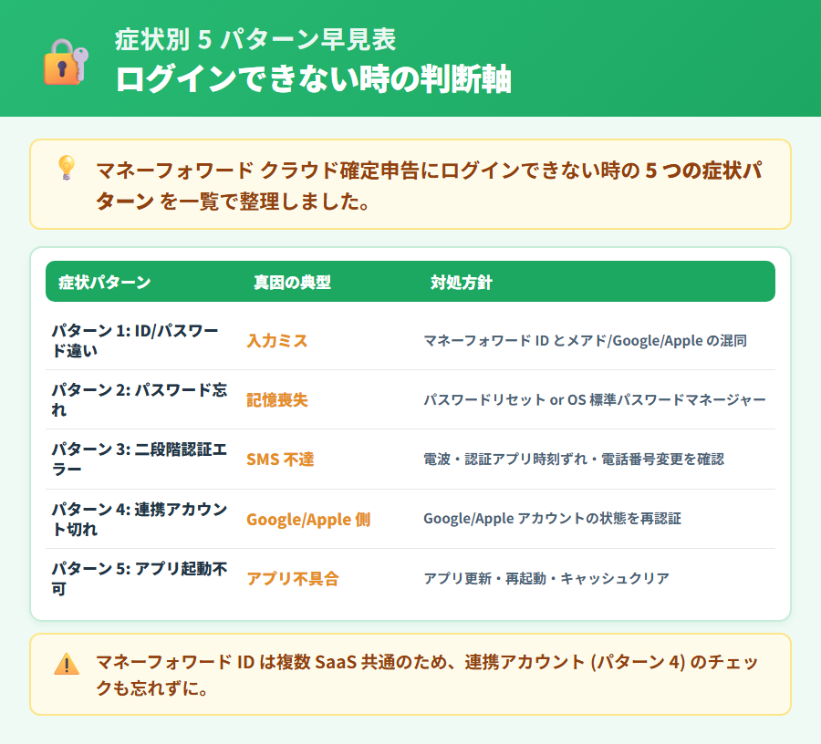 マネーフォワード クラウド確定申告にログインできない症状別対処早見表。ID/パスワード違い・パスワード忘れ・二段階認証エラー・連携アカウント切断・アプリ起動不能の5パターンと対処の流れを整理した概要図