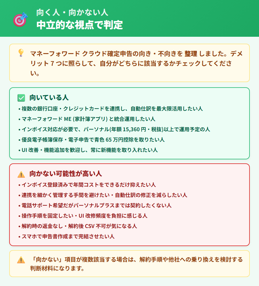 マネーフォワード クラウド確定申告が向く人と向かない人の2カード整理。向く人は連携数重視・家計簿アプリ統合・上位プラン契約予定、向かない人はインボイス対応必須でコスト重視・操作手順を固定化したい・電話サポート希望