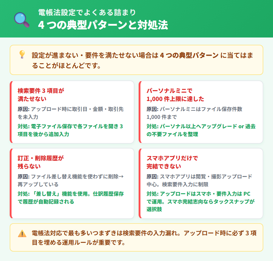 マネーフォワード クラウド確定申告の電子帳簿保存法設定でよくある 4 つの詰まりパターン。検索要件・タイムスタンプ・訂正削除履歴・スマホ完結不可を 2×2 グリッドで症状と対処をまとめた図