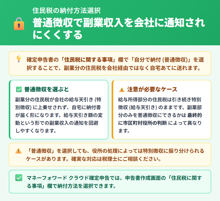 住民税の納付方法欄で「自分で納付（普通徴収）」を選択する手順と、役所判断で特別徴収に戻されるケースがある旨の注意書きを示した説明
