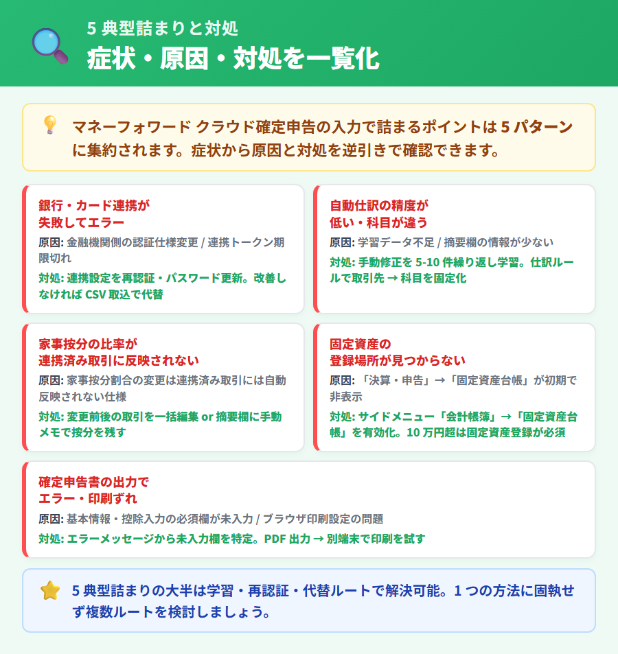 マネーフォワード クラウド確定申告で発生する5典型詰まりと対処まとめ。銀行連携失敗・仕訳精度低下・家事按分未反映・固定資産登録場所不明・申告書出力エラーの症状と対処を一覧化