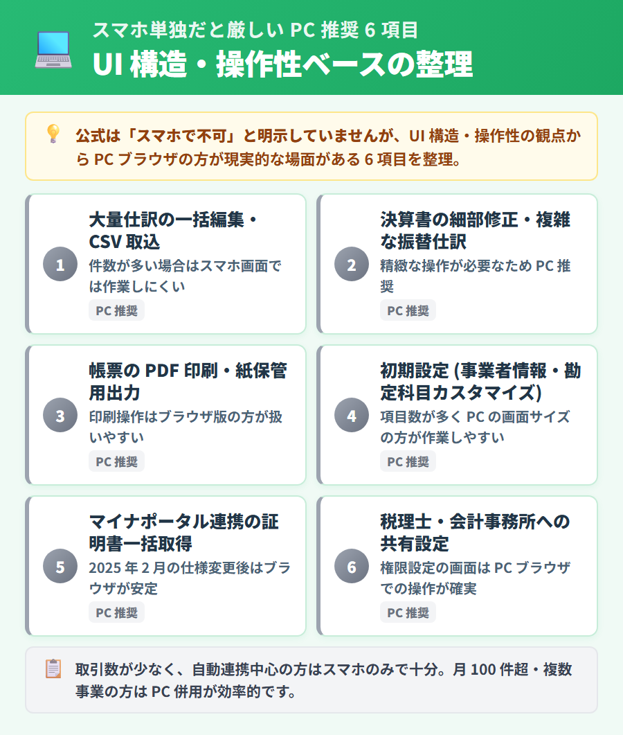 マネーフォワード クラウド確定申告でスマホ単独の操作が難しい PC 推奨 6 項目。大量仕訳一括編集・帳票印刷・初期設定等を灰色ラベルのグリッドで表示した図解。