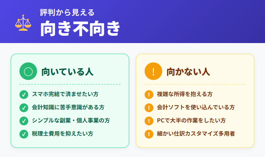 評判から見えるタックスナップの向き不向き：向いている人4点と向かない人4点の対比