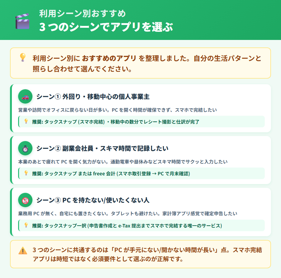 確定申告アプリの利用シーン別おすすめ。外回り中心の個人事業主・副業会社員・PC不要の人の3シーンについてタックスナップを中心に各社の適合度を整理した図