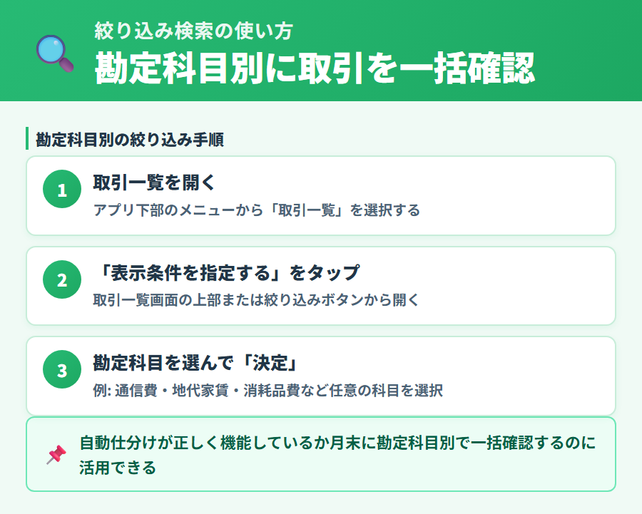 取引一覧から表示条件を指定して勘定科目で取引を絞り込み、自動仕分けの結果を一括で確認する手順の解説