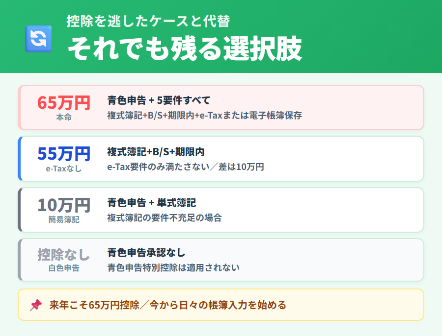 65万円控除を逃した場合の代替(55万円・10万円・白色申告)