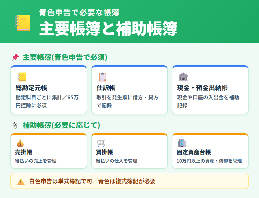確定申告で必要な帳簿の種類(総勘定元帳・仕訳帳・出納帳など)
