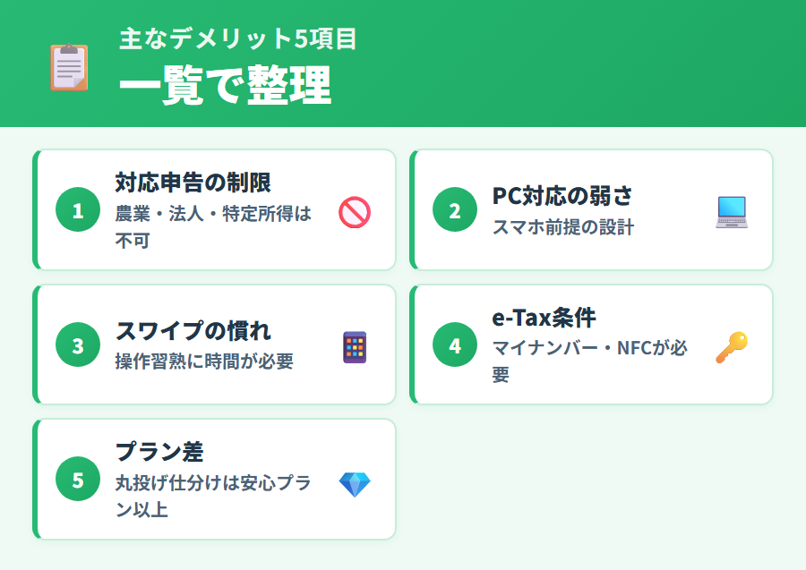 タックスナップの主なデメリット5項目を整理した一覧：対応申告の制限・PC対応の弱さ・スワイプ操作の慣れ・e-Tax提出条件・プラン差による機能差