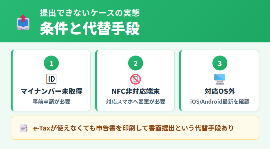 タックスナップでe-Tax提出できないケースの実態：マイナンバーカード未取得・NFC非対応端末・対応OS外が主な原因。書面提出という代替手段あり
