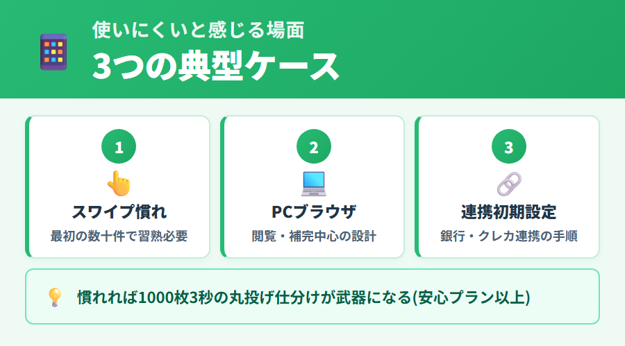 タックスナップが使いにくいと感じる場面：スワイプ仕訳の慣れが必要・PCブラウザ入力の制約・銀行連携の初期設定