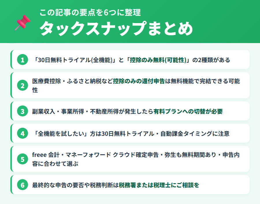 タックスナップの無料利用ガイド（控除のみ・雑所得のみで使える条件）のまとめ